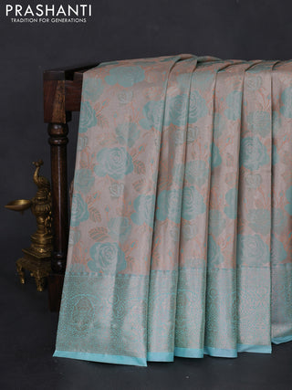 Bangalori tissue silk saree grey and teal blue with zari woven floral design brocade pattern and zari woven border
