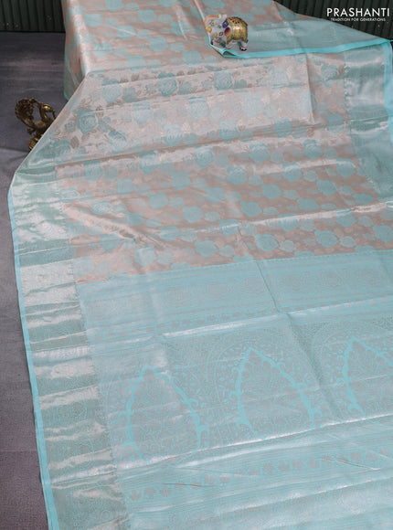 Bangalori tissue silk saree grey and teal blue with zari woven floral design brocade pattern and zari woven border