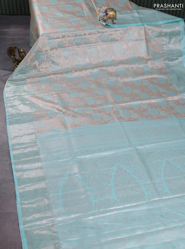 Bangalori tissue silk saree grey and teal blue with zari woven floral design brocade pattern and zari woven border