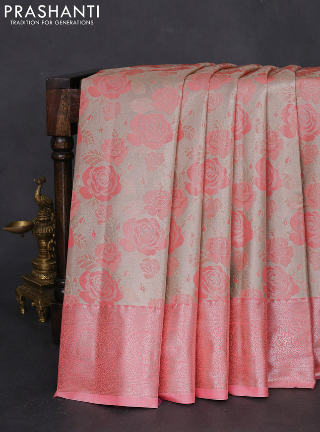 Bangalori tissue silk saree beige and peach pink with zari woven floral design brocade pattern and zari woven border