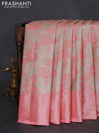 Bangalori tissue silk saree beige and peach pink with zari woven floral design brocade pattern and zari woven border