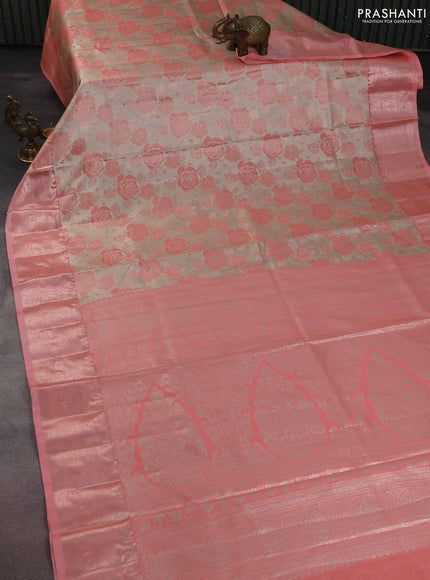 Bangalori tissue silk saree beige and peach pink with zari woven floral design brocade pattern and zari woven border