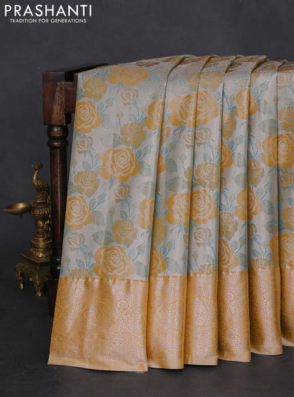 Bangalori tissue silk saree grey and mustard yellow with zari woven floral design brocade pattern and zari woven border