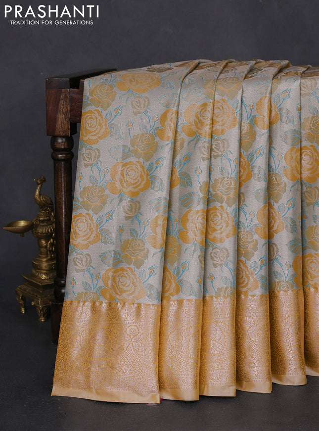 Bangalori tissue silk saree grey and mustard yellow with zari woven floral design brocade pattern and zari woven border
