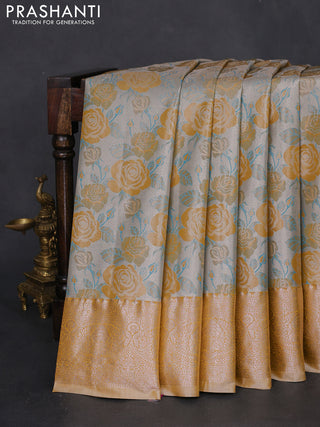 Bangalori tissue silk saree grey and mustard yellow with zari woven floral design brocade pattern and zari woven border