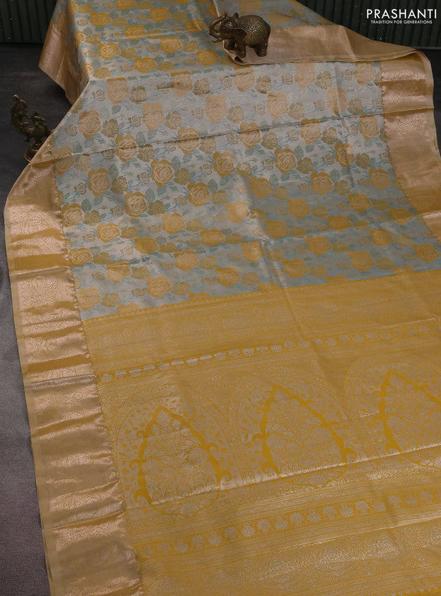 Bangalori tissue silk saree grey and mustard yellow with zari woven floral design brocade pattern and zari woven border