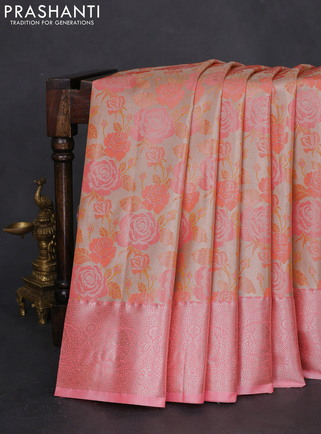Bangalori tissue silk saree beige and peach pink with zari woven floral design brocade pattern and zari woven border
