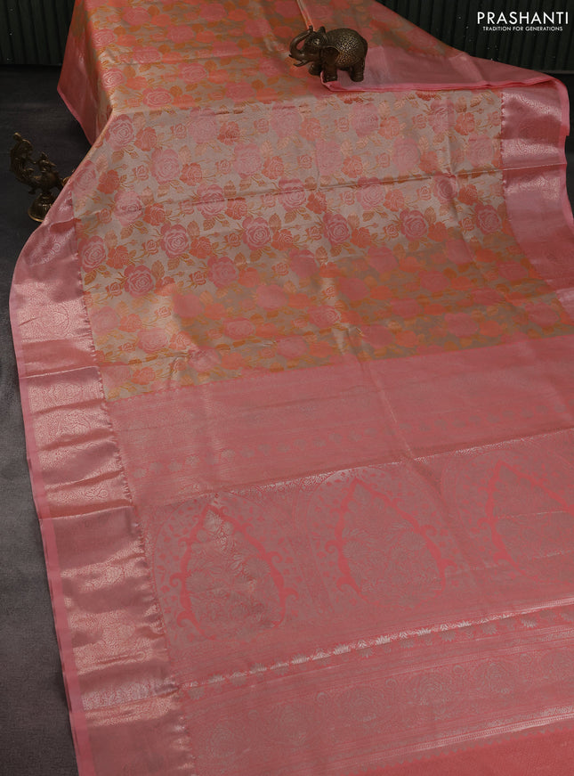 Bangalori tissue silk saree beige and peach pink with zari woven floral design brocade pattern and zari woven border