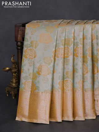 Bangalori tissue silk saree silver and mustard yellow with zari woven floral design brocade pattern and zari woven border