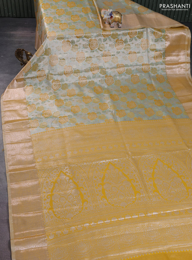 Bangalori tissue silk saree silver and mustard yellow with zari woven floral design brocade pattern and zari woven border