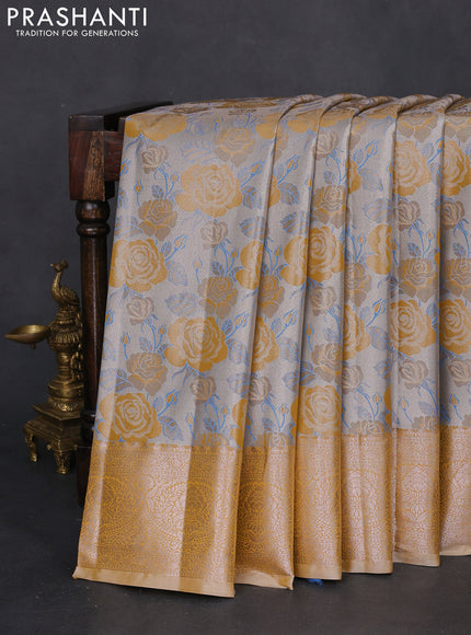 Bangalori tissue silk saree silver and mustard yellow with zari woven floral design brocade pattern and zari woven border
