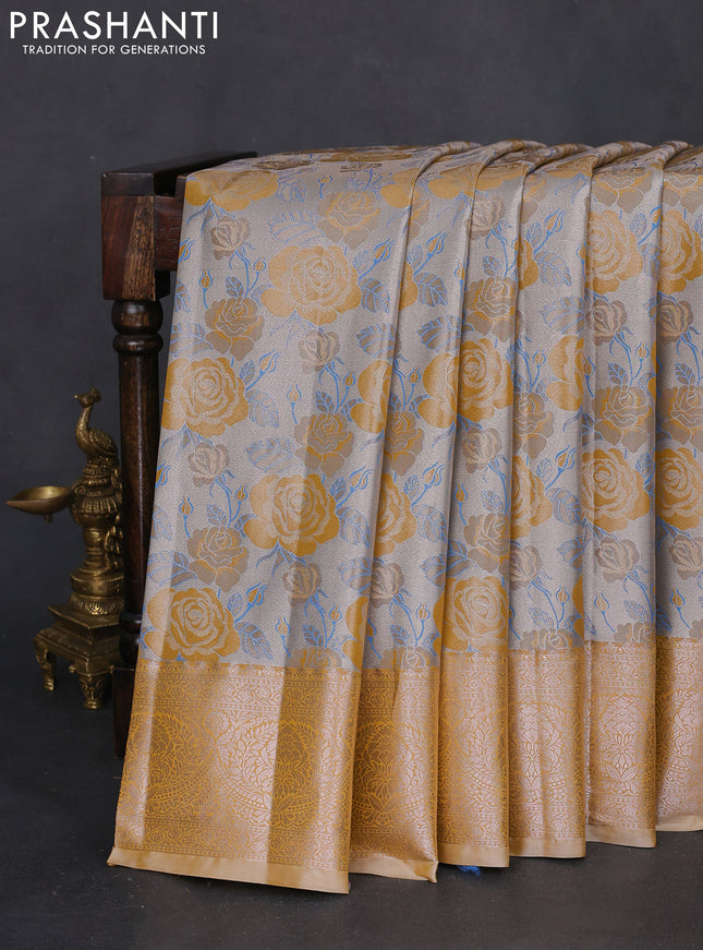 Bangalori tissue silk saree silver and mustard yellow with zari woven floral design brocade pattern and zari woven border