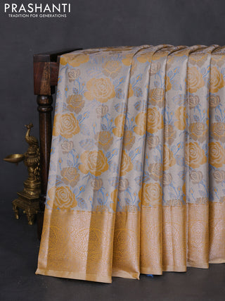 Bangalori tissue silk saree silver and mustard yellow with zari woven floral design brocade pattern and zari woven border
