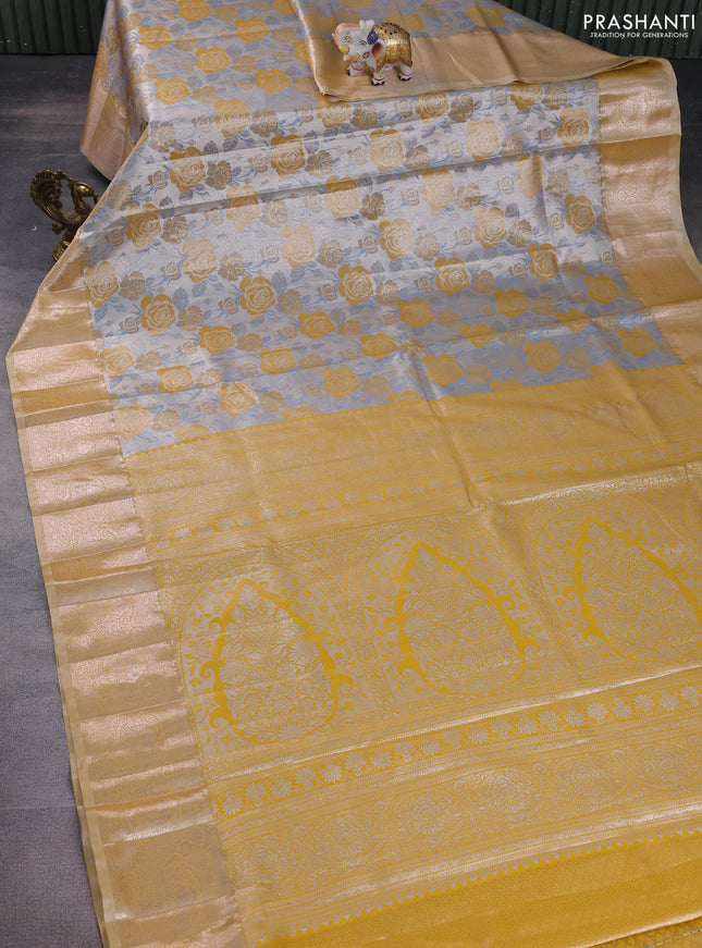 Bangalori tissue silk saree silver and mustard yellow with zari woven floral design brocade pattern and zari woven border