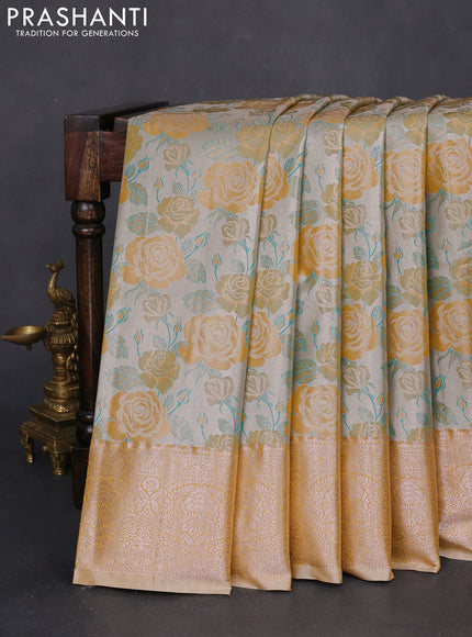 Bangalori tissue silk saree beige and mustard yellow with zari woven floral design brocade pattern and zari woven border