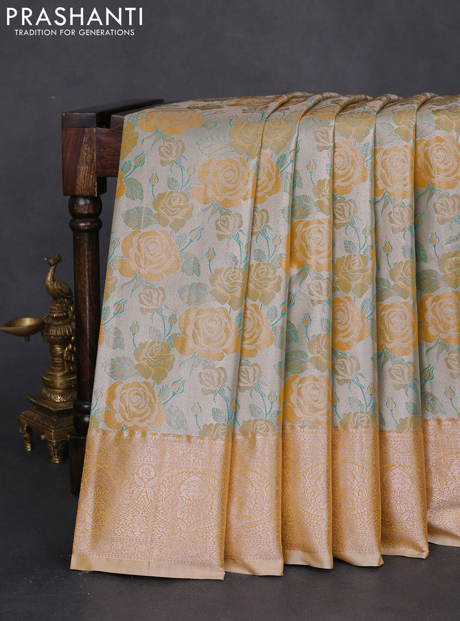 Bangalori tissue silk saree beige and mustard yellow with zari woven floral design brocade pattern and zari woven border