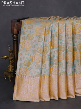 Bangalori tissue silk saree beige and mustard yellow with zari woven floral design brocade pattern and zari woven border