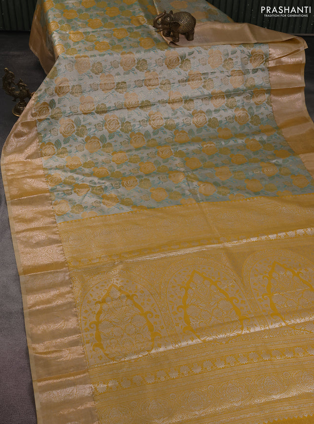 Bangalori tissue silk saree beige and mustard yellow with zari woven floral design brocade pattern and zari woven border