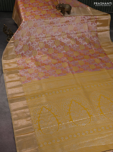 Bangalori tissue silk saree beige and mustard yellow with zari woven floral design brocade pattern and zari woven border