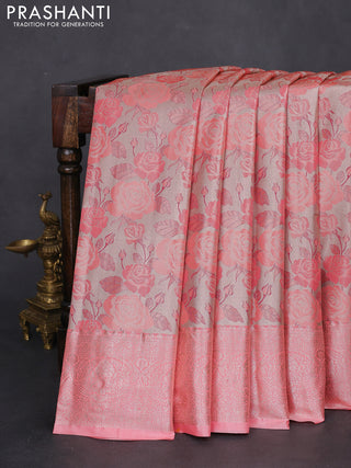 Bangalori tissue silk saree beige and peach pink with zari woven floral design brocade pattern and zari woven border