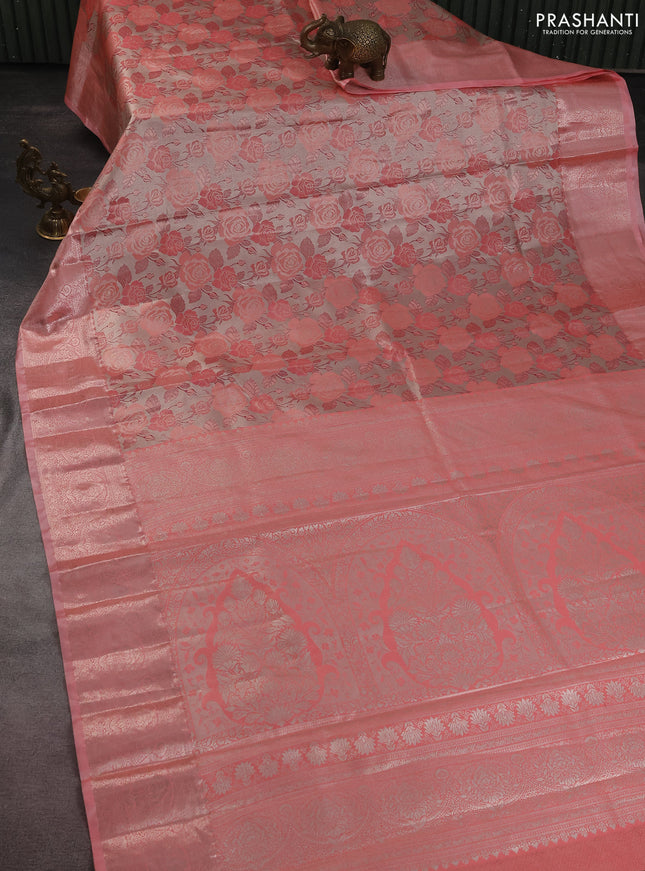 Bangalori tissue silk saree beige and peach pink with zari woven floral design brocade pattern and zari woven border