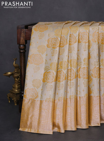 Bangalori tissue silk saree beige and mustard yellow with zari woven floral design brocade pattern and zari woven border