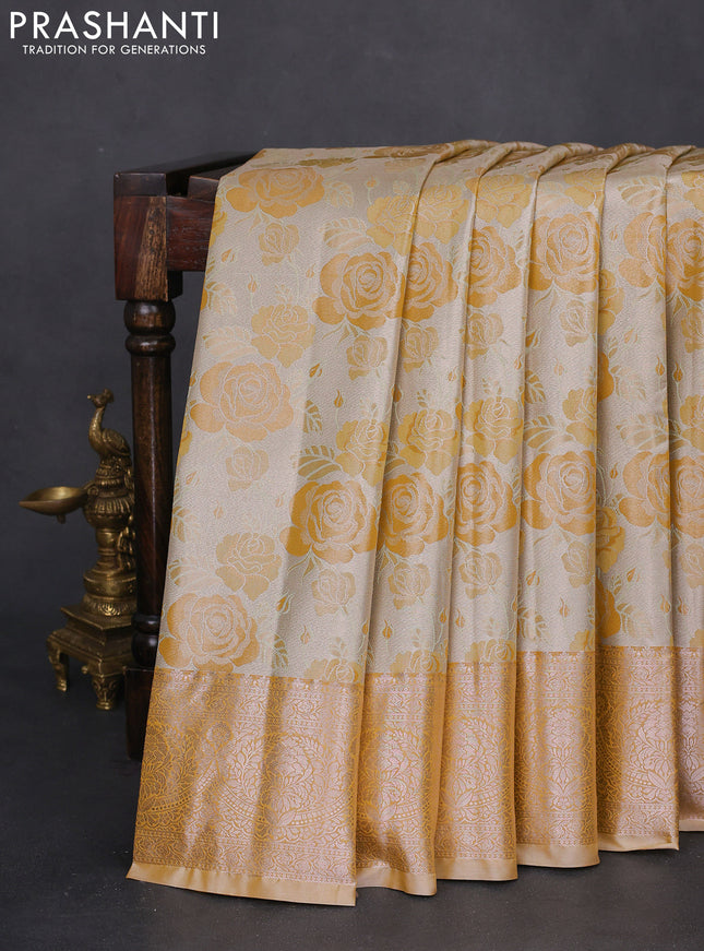 Bangalori tissue silk saree beige and mustard yellow with zari woven floral design brocade pattern and zari woven border