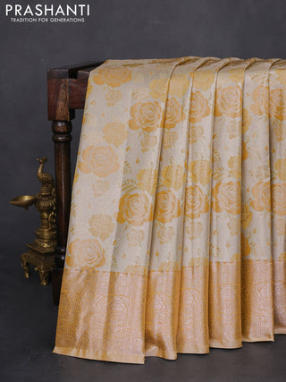 Bangalori tissue silk saree beige and mustard yellow with zari woven floral design brocade pattern and zari woven border