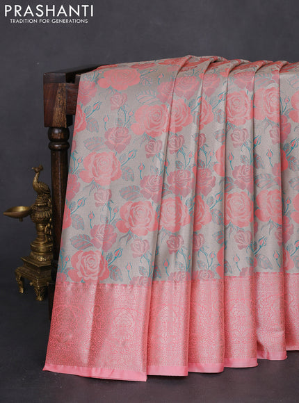 Bangalori tissue silk saree pastel grey and peach pink with zari woven floral design brocade pattern and zari woven border