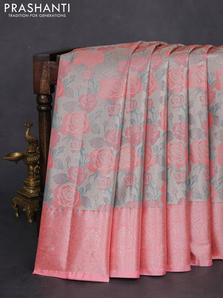 Bangalori tissue silk saree pastel grey and peach pink with zari woven floral design brocade pattern and zari woven border