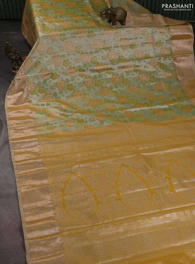 Bangalori tissue silk saree pastel grey and mustard yellow with zari woven floral design brocade pattern and zari woven border