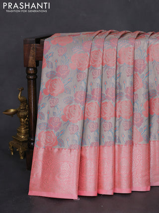 Bangalori tissue silk saree grey and peach pink with zari woven floral design brocade pattern and zari woven border