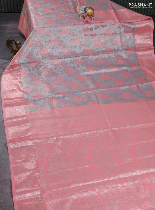 Bangalori tissue silk saree grey and peach pink with zari woven floral design brocade pattern and zari woven border