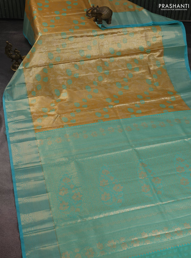 Bangalori tissue silk saree gold and teal blue with zari woven floral design brocade pattern and zari woven border