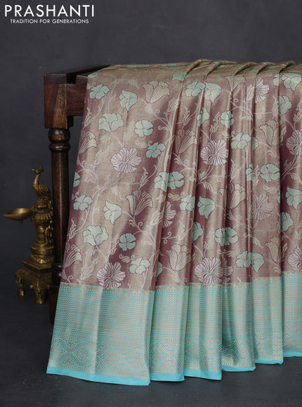 Bangalori tissue silk saree wine shade and teal blue with zari woven floral design brocade pattern and zari woven border