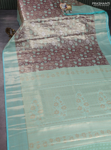 Bangalori tissue silk saree wine shade and teal blue with zari woven floral design brocade pattern and zari woven border