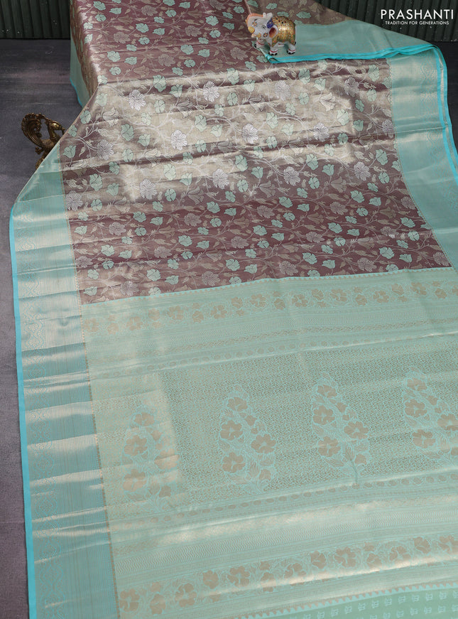 Bangalori tissue silk saree wine shade and teal blue with zari woven floral design brocade pattern and zari woven border