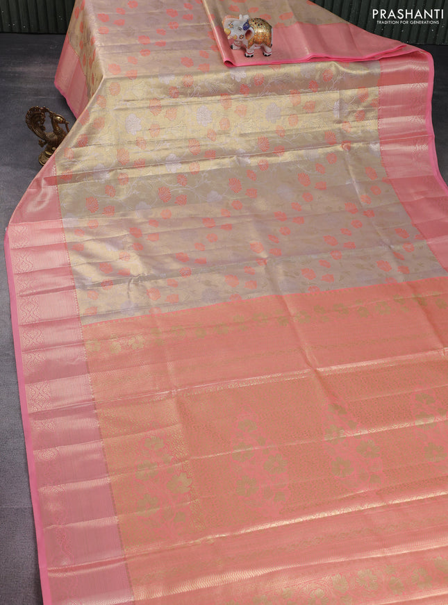Bangalori tissue silk saree gold and peach pink with zari woven floral design brocade pattern and zari woven border