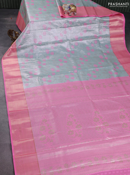 Bangalori tissue silk saree teal blue and light pink with zari woven floral design brocade pattern and zari woven border