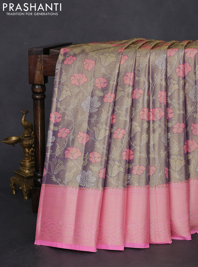Bangalori tissue silk saree dual shade of violet and light pink with zari woven floral design brocade pattern and zari woven border