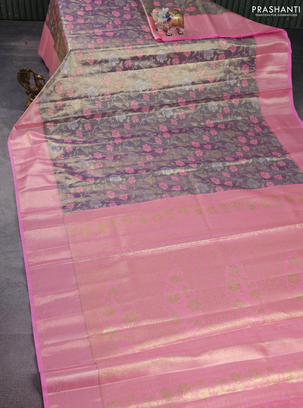 Bangalori tissue silk saree dual shade of violet and light pink with zari woven floral design brocade pattern and zari woven border