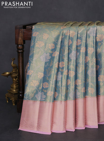 Bangalori tissue silk saree teal blue and light pink with zari woven floral design brocade pattern and zari woven border