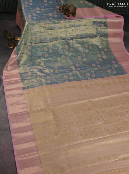 Bangalori tissue silk saree teal blue and light pink with zari woven floral design brocade pattern and zari woven border