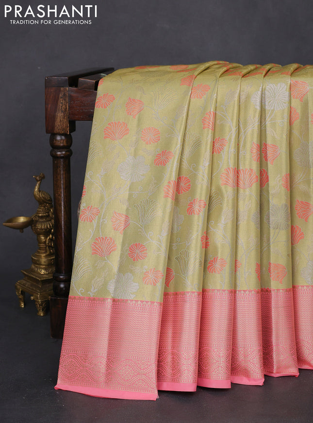 Bangalori tissue silk saree mild pista green and peach pink with zari woven floral design brocade pattern and zari woven border