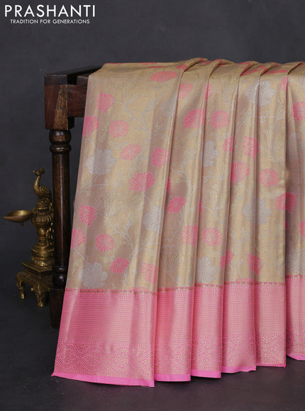 Bangalori tissue silk saree dual shade of gold and light pink with zari woven floral design brocade pattern and zari woven border