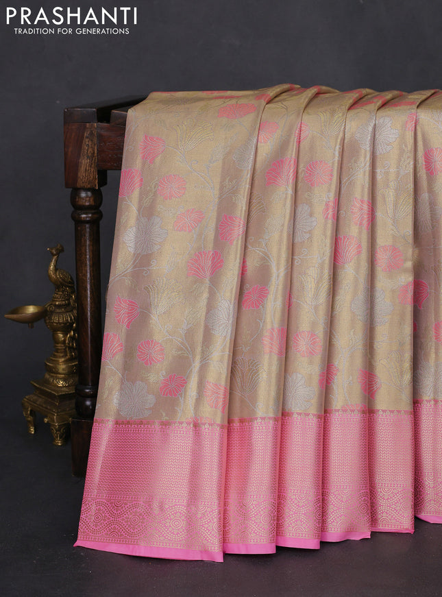 Bangalori tissue silk saree dual shade of gold and light pink with zari woven floral design brocade pattern and zari woven border