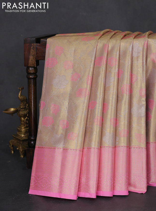 Bangalori tissue silk saree dual shade of gold and light pink with zari woven floral design brocade pattern and zari woven border