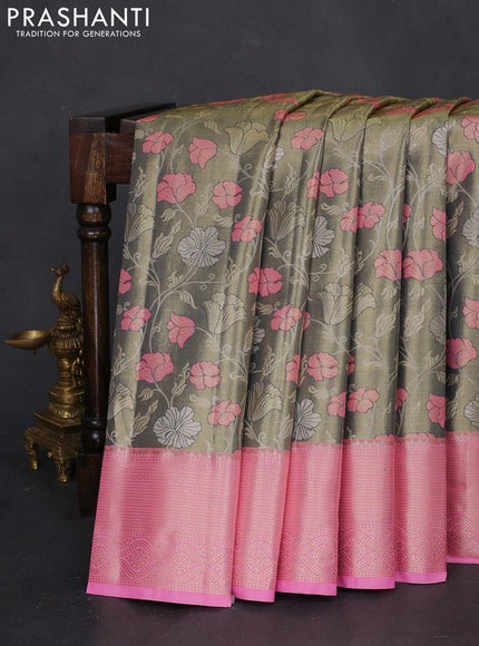 Bangalori tissue silk saree dual shade of grey and light pink with zari woven floral design brocade pattern and zari woven border