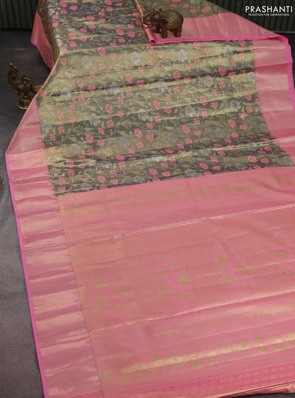 Bangalori tissue silk saree dual shade of grey and light pink with zari woven floral design brocade pattern and zari woven border