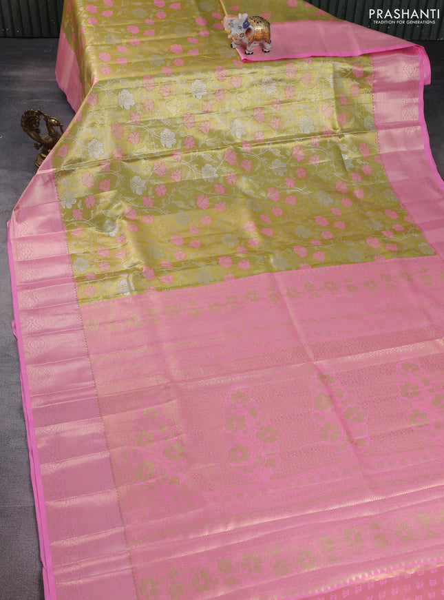 Bangalori tissue silk saree lime green and light pink with zari woven floral design brocade pattern and zari woven border